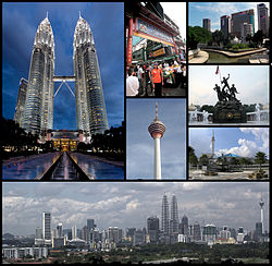 Clockwise from top left: Petronas Twin Towers, Petaling Street, Jamek Mosque and Gombak/Klang river confluence, National Monument, National Mosque, skyline of KL. Centre: KL Tower
