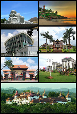 Clockwise from top right: Kovalam Beach, Napier Museum, Trivandrum Central, Kowdiar Palace, Niyamasabha Mandiram,Infosys Building, The Sculpture of Jalakanyaka Mermaid