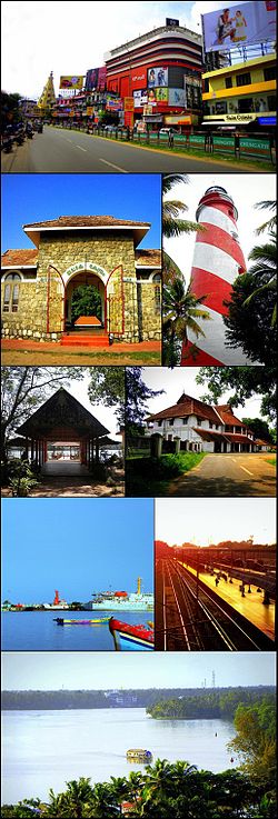 From top clockwise: RP Mall in Downtown Kollam, Lighthouse in Tangasseri, British Residency in Asramam, Kollam Junction railway station and Kollam MEMU Shed, Aerial view of Ashtamudi Lake, Kollam Port, Asramam Adventure Park, Jalakeli Kendram near Kollam Beach